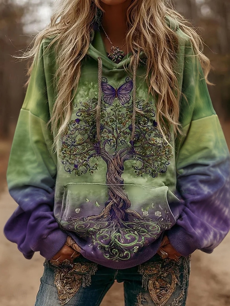 damegensere grafisk vintage daglig avslappet langermet v-hals vanlig topper tribal livets tre vintage designer grunnleggende trykk ferie gate ute daglig ferie trykk grønn høst vinter 2025 - $21.99 –P1
