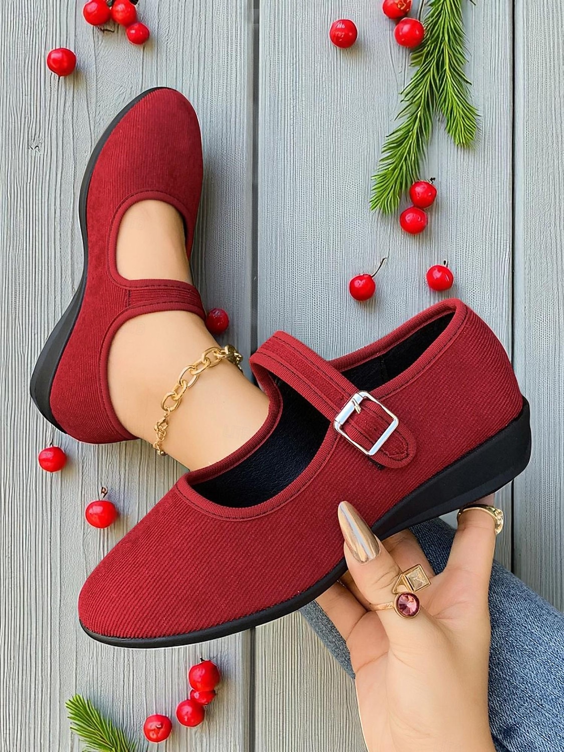 Women's Red Mary Jane Flats with Adjustable Buckle Strap, Comfortable Non-Slip Sole Casual Wear and Festive Christmas Outfits 2025 - $19.99 –P3