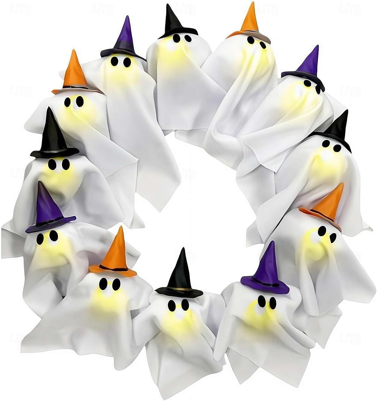 2025年 ハロウィンゴーストリース、ライト付き、16インチ、12個のLEDライト、小さなライトアップホワイトゴーストガーランド、不気味な幽霊、ハロウィンリース、玄関に吊るす、魔女帽子、ゴースト、ホームパーティーのドア飾り  コレクション – $35.99 –P11