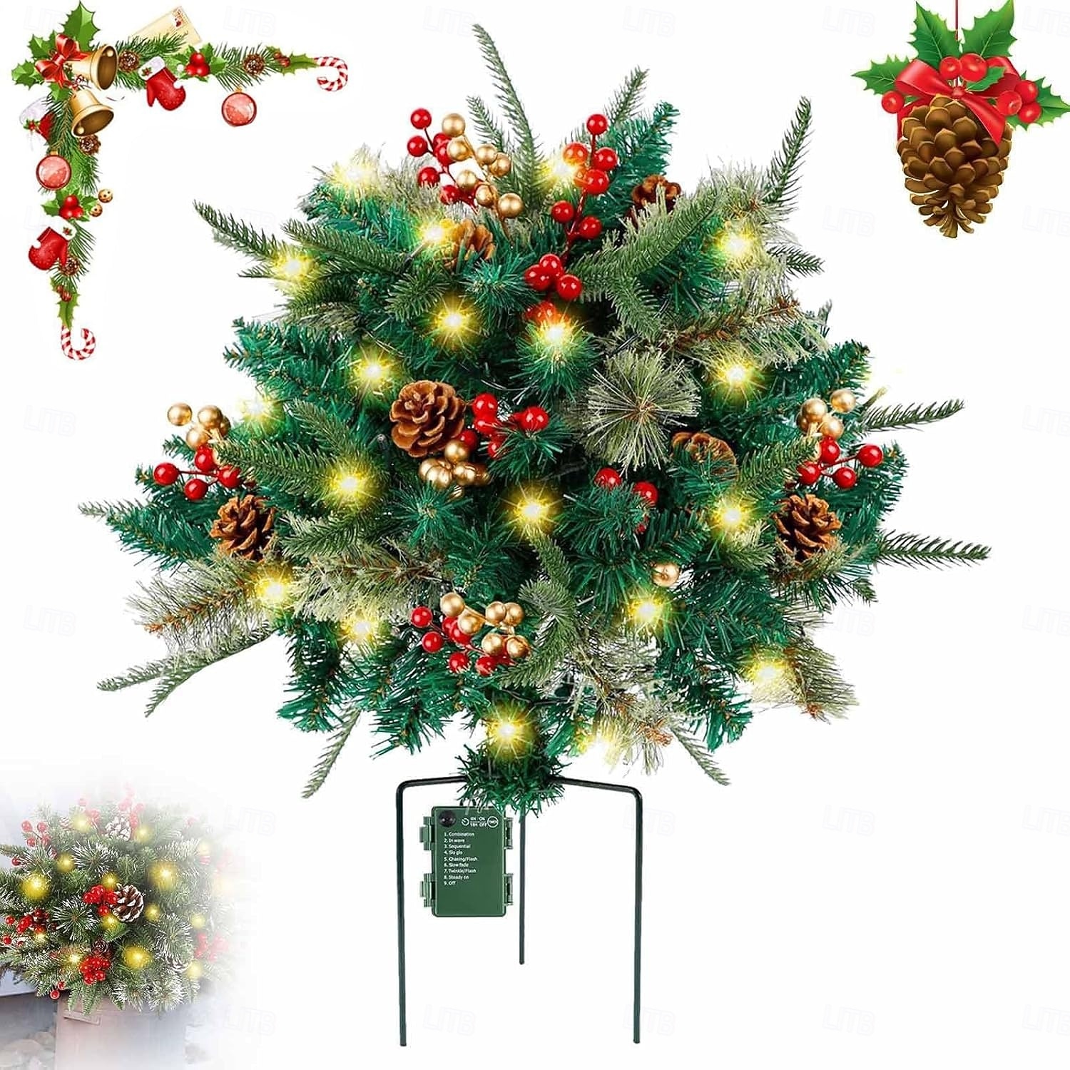 urne de remplissage pour sapin de Noël artificiel pré-éclairé, 8 modes &Piquets d'arbre de Noël alimentés par batterie et minuterie adaptés aux allées, patios, jardins, fêtes d'anniversaire, de 2025 ? $35.99 –P7