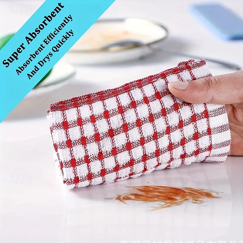 Confezione da 10 panni per la pulizia della cucina a quadretti grandi: assorbenti, riutilizzabili, in poliestere, nei colori rosso, blu, giallo &arancione per lavandino, tavolo &uso esterno del 2025 a $16.99 –P7