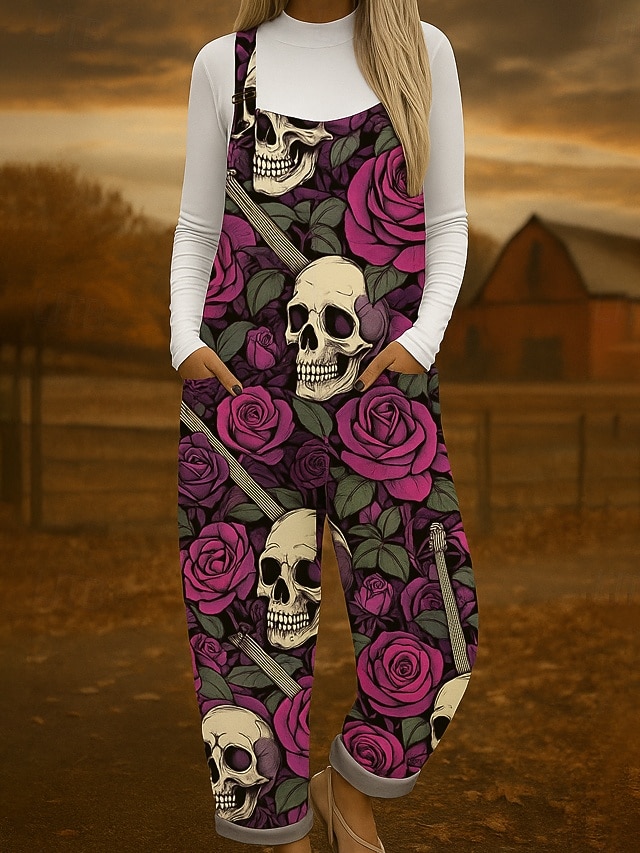 Macacão feminino 100% algodão, leve, gráfico, sem mangas, perna larga, gola redonda, com bolso, férias, diário, ajuste solto, vermelho, azul, roxo, verão de 2025 por $45.99 –P3