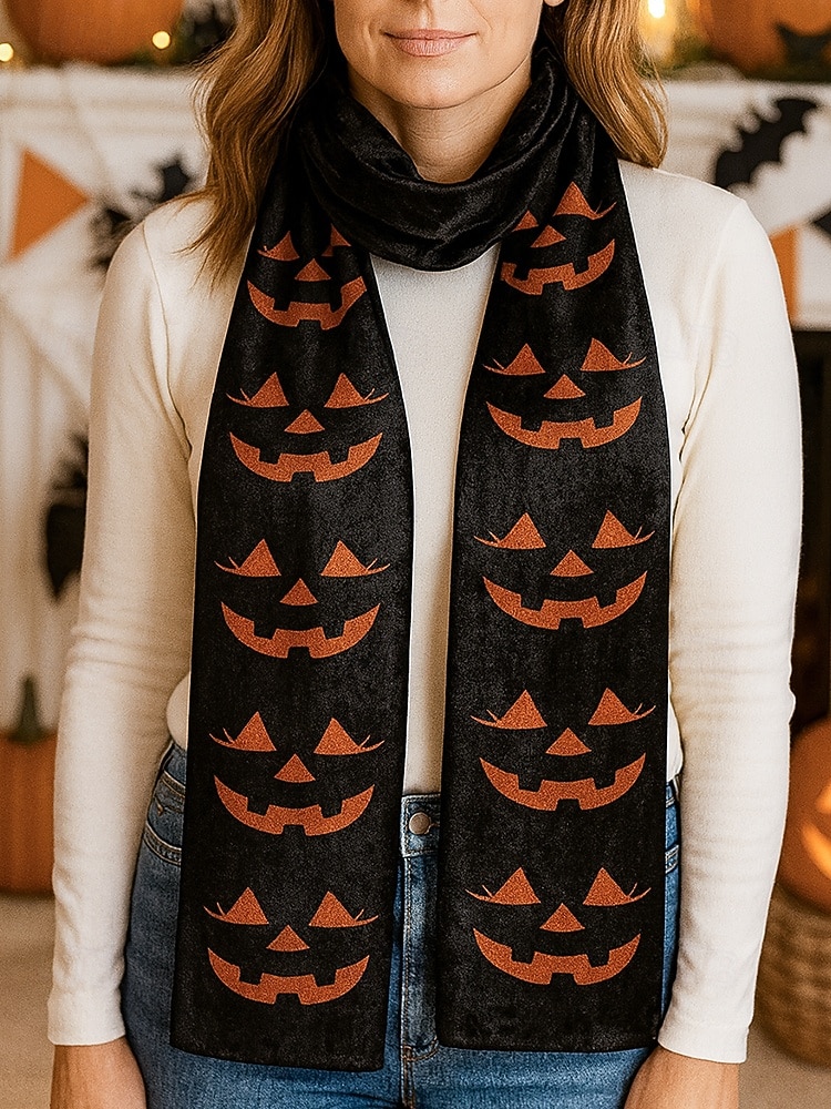 Eșarfă imprimată de Halloween pentru femei – șal lung și confortabil cu modele de fantome, jack-o'-lantern și vrăjitoare, accesoriu moale și ușor de toamnă pentru petreceri costumate, Halloween, festivaluri și purtare zilnică 2025 - $14.99 –P4