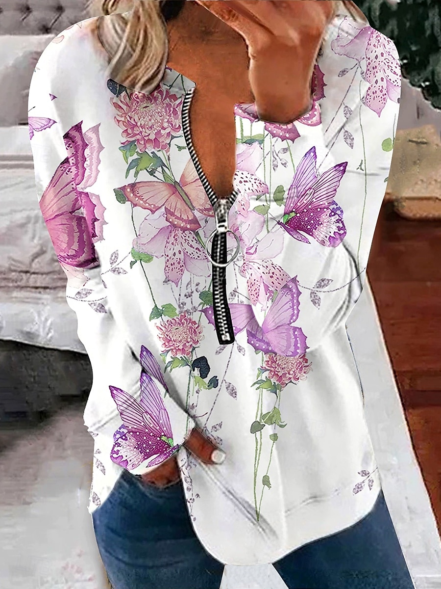 Per donna Felpa Pullover Felpe con cerniera Floreale Grafico Farfalla Moda Casual Manica Lunga Girocollo Scollo a V Top Regolari Streetwear Abbigliamento Quotidiano Cerniera Stampato Rosa Viola del 2025 a $27.99 –P2