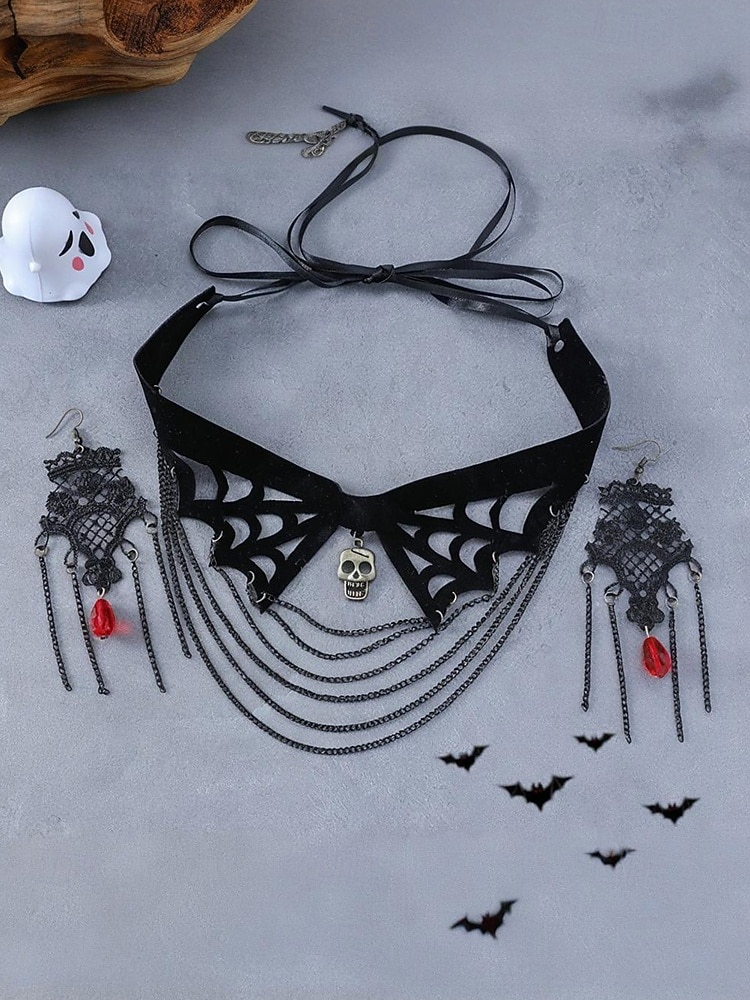 Conjunto de collar y pendientes de araña y calavera de Halloween para mujer: diseño de red de encaje negro con gema roja, perfecto para fiestas y disfraces de Halloween. 2025 - $14.99 –P7
