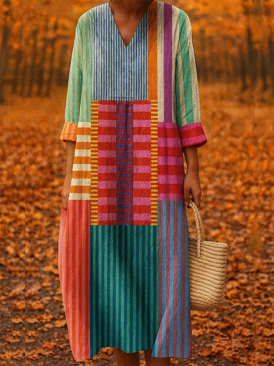 Naisten midi mekko V-kaula-aukko pitkähihaisella kaftaanilla kevyt löysä malli A-linjainen mekko rento boho ulkona löysä malli graafinen geometrinen pitkähiha V-kaula-aukko keltainen punainen syksy 2025 - $35.99 –P1