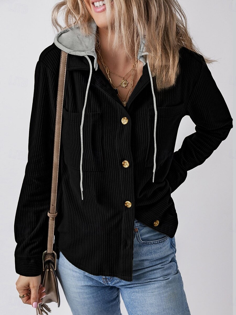 Mujer Chaqueta con capucha Cómodo Transpirable Botones Casual Plano Vacaciones Calle Casual Ropa Cotidiana Botonadura Simple Regular Con Capucha Ajuste regular Manga Larga Ropa de calle Azul marinero 2025 - $36.99 –P6