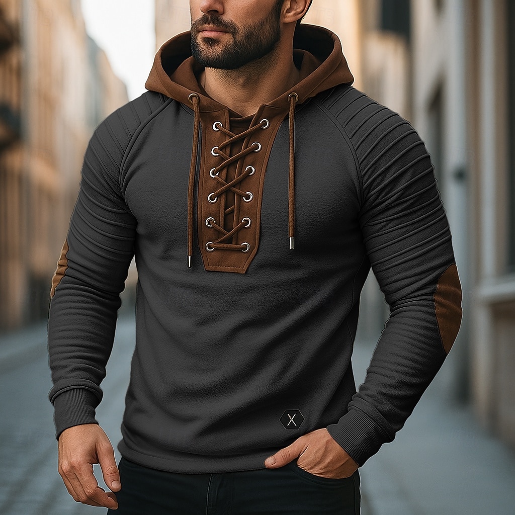 Herren T Shirt T-Shirt Langarmshirt Langarm Mit Kapuze Herbst Frühling & Herbst Farbblock Schmale Falten Mode Designer Basic Schnürung Patchwork Urlaub Straße Lässig Schwarz Armeegrün Beige Top 2025 - $25.99 –P12