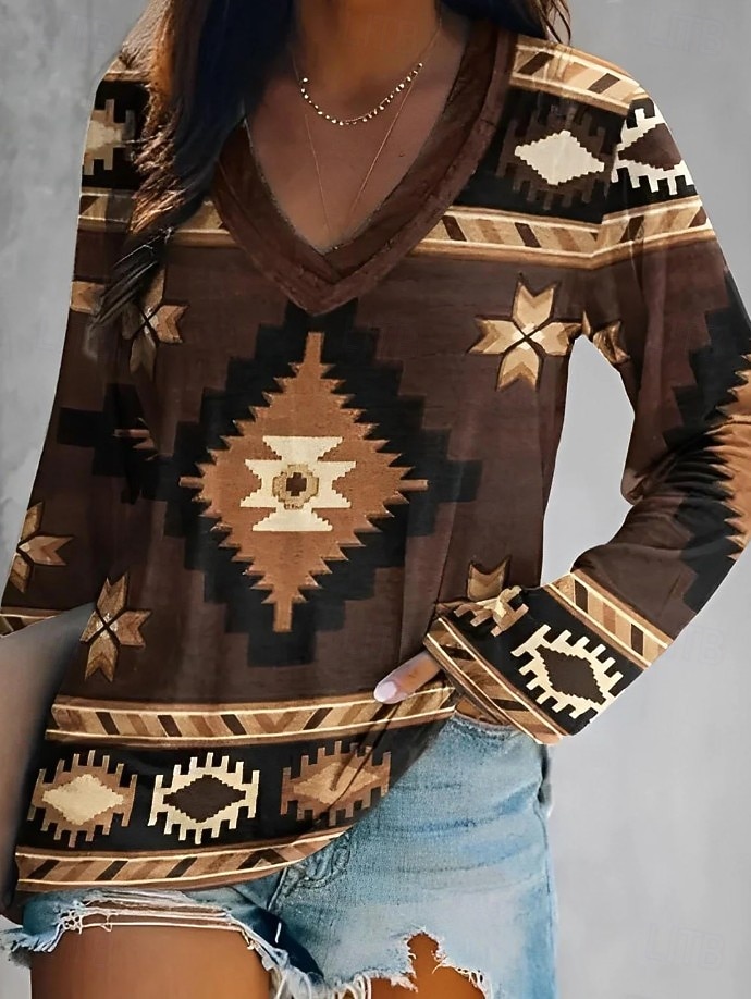 Femmes T-shirt Imprimé Graphique Géométrique Tribal Élégant Bohème ancien manche longue Col en V Hauts Réguliers Quotidien Sortir Week-end Bleu Noir Jaune Rouge Vert foncé Printemps Automne de 2026 ? $24.99 –P1