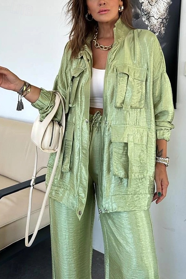 Naisten Puvut Mukava Kurenauha Tasku Täysi vetoketju Urheilu Muoti Päivittäin Retro Tavallinen Koulu Loma Koti Toimisto Cardigan Normaali Stand-kaula-aukko Loose Fit Pitkähihainen Päällysvaatteet 2025 - $49.99 –P1