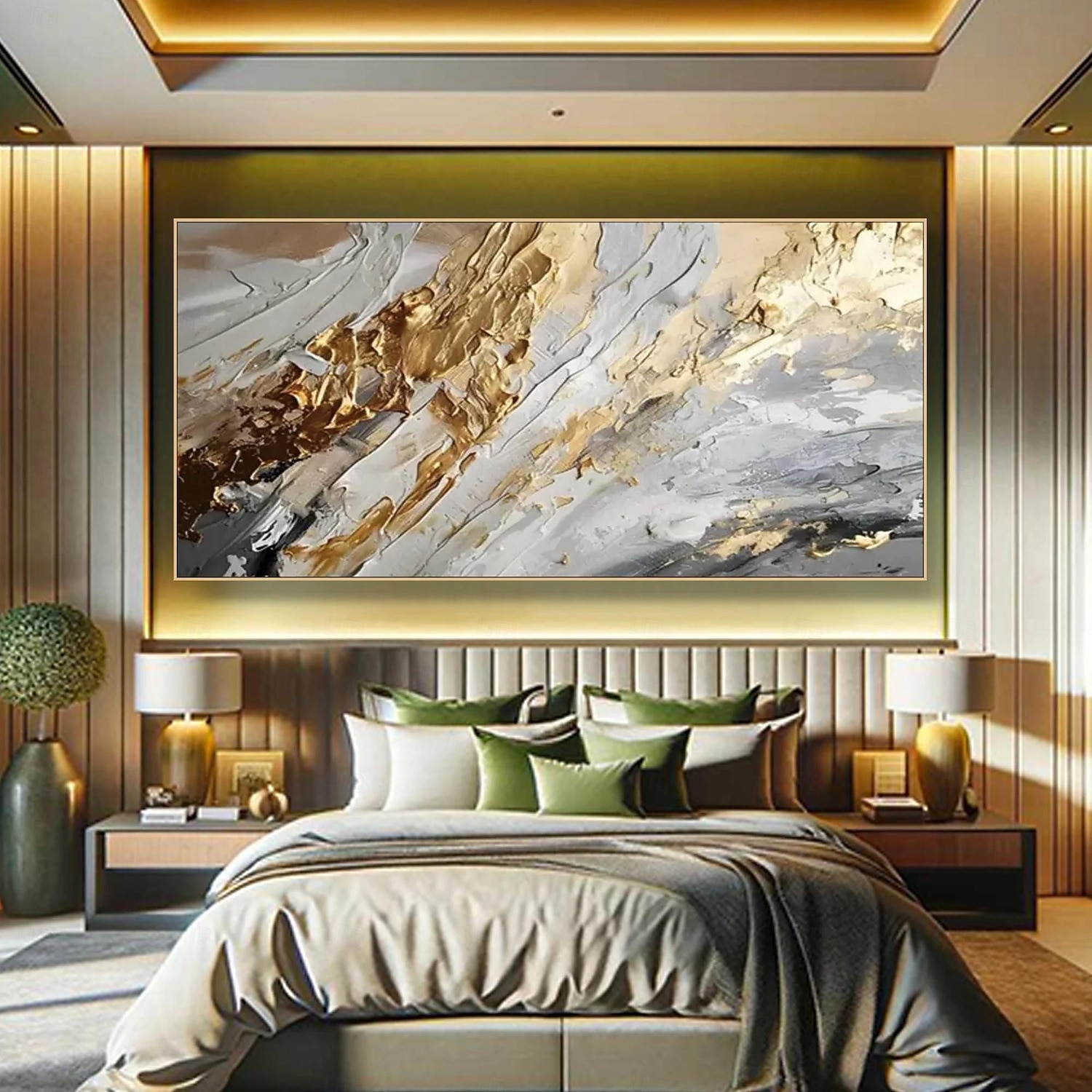 2026年 キャンバスに描かれた金色の抽象画、質感のある壁アート、金箔