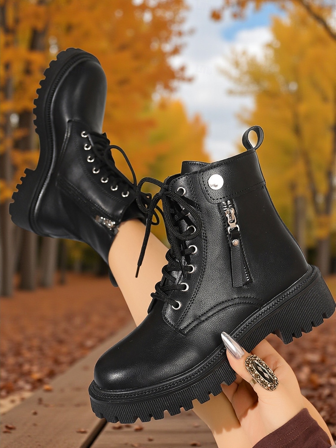 botas de combate femininas com cadarço - botas de cano curto com sola grossa, zíper lateral e detalhe de tira para roupas urbanas de rua e moda casual de 2025 por $26.99 –P1