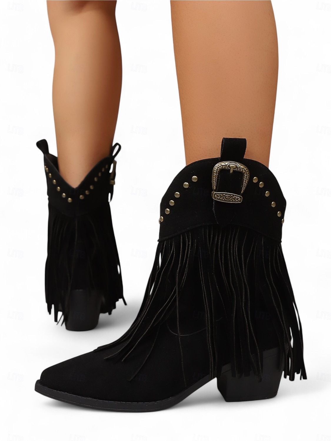 Botines de ante con flecos para mujer, ribete tachonado y hebilla estilo western, estilo vaquero bohemio. 2025 - $42.99 –P1
