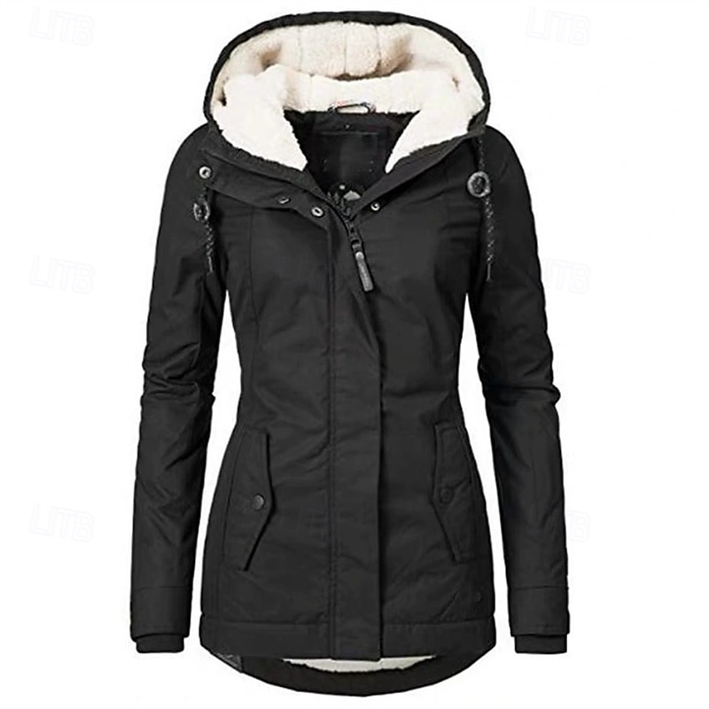 Mulheres Casaco de lã Jaqueta casual Manter Quente Confortável Zíper Bolsos Moda Ao ar livre Tecido Para Noite Final de semana Zíper Padrão Com Capuz Normal Manga Longa agasalhos Preto Vinho Verde de 2025 por $41.99 –P1
