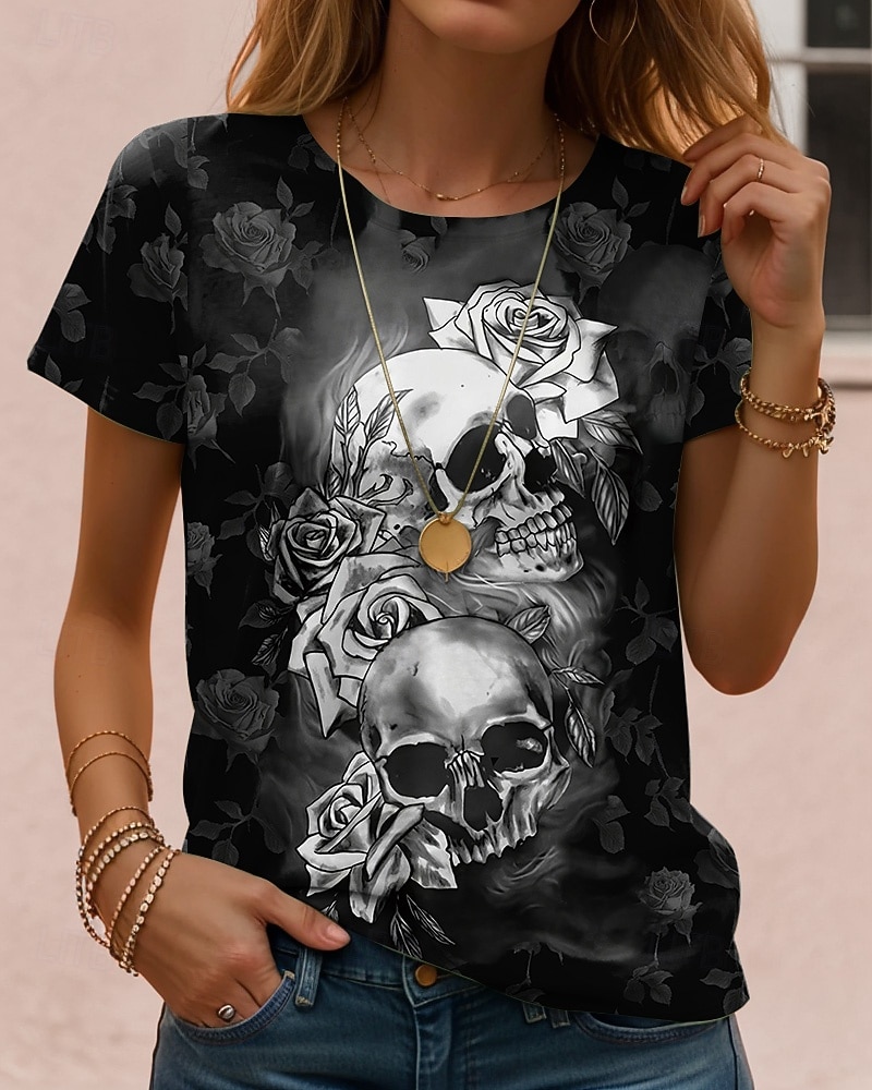 Halloween Damen T Shirt Grafik Schädel Halloween Vintage Stilvoll Klassisch Kurzarm Rundhalsausschnitt Normale Oberteile Täglich Wochenende Druck Schwarz Rote Leicht Braun Blau Orange Herbst Winter 2025 - $22.99 –P4