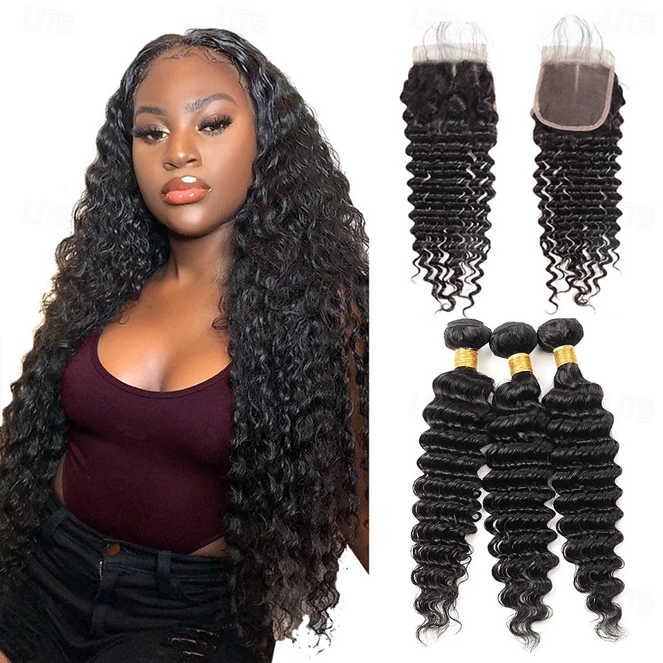 Extensions de cheveux brésiliens ondulés, lot de 3 mèches avec fermeture en dentelle 4x4, 25,4 à 71,1 cm, pour femmes noires de 2025 ? $222.99 –P1