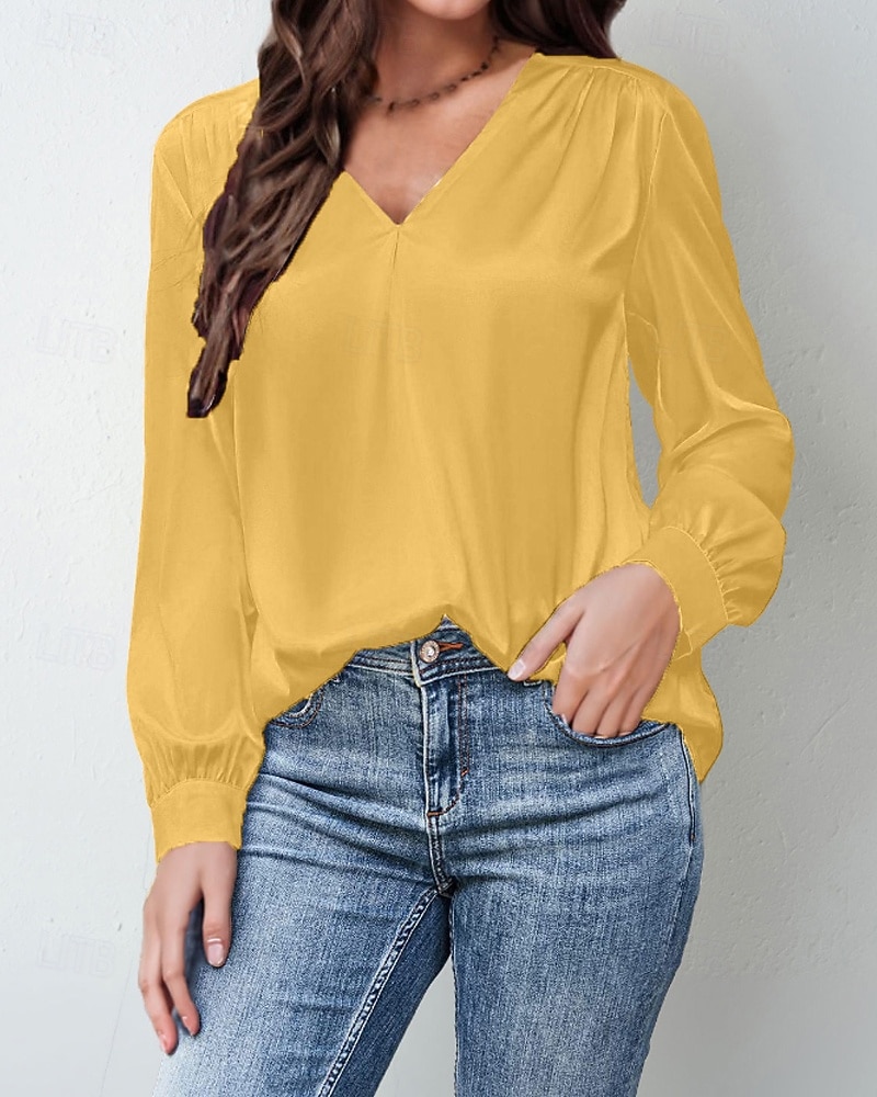 Damen Hemd Bluse Einfach Modern Lässig Langarm V Ausschnitt Normale Oberteile Täglich Ferien Ausgehen Gerafft Schwarz Weiß Gelb Rosa Wein Herbst 2025 - $25.99 –P15