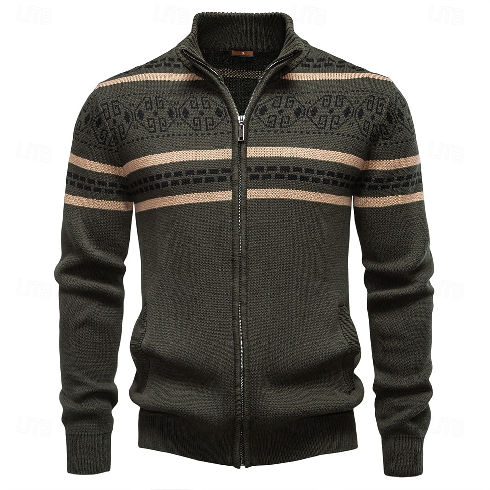Męskie Sweter Rozpinany Sweter Fair Isle Robić na drutach Zwykłe topy Zapiąć na zamek błyskawiczny Geometryczny Golf Święta Sweter rozpinany Urlop Codzienny Odzież Wiosna Jesień Granatowy Khaki S M L 2025 - $50.99 –P10