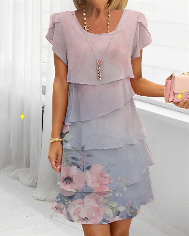 Women's Mini Dress Casual Dress Chiffon Dress Summer Dress Fashion Modern Daily Beach Weekend Regular Fit Flower Short Sleeve Crew Neck Pink Blue Lavender Dark Blue Summer Spring 2025 - $26.99 –P4
