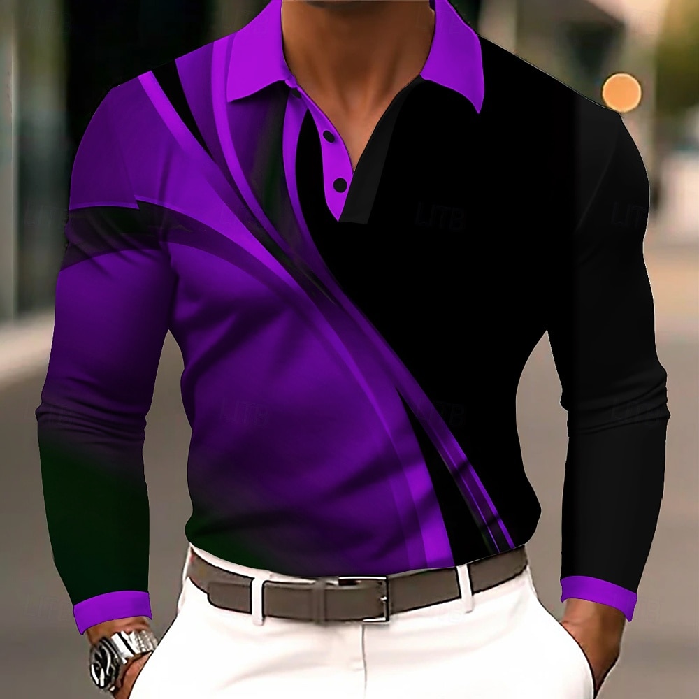 Homens Geométrico Linha Pólo Manga Longa Camisas polo Lapela Business casual Roupa Esportiva Roupa Diária Impressão 3D Botões Primavera Outono Inverno Azul Roxo Laranja de 2026 por $21.99 –P3