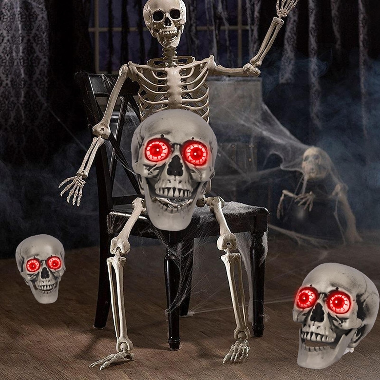 Mluvící lebky na Halloween - rozsvícená halloweenská dekorace s červenými očima a lebkami, sváteční halloweenské dekorace s červenými očima na párty 2025 - $24.99 –P3