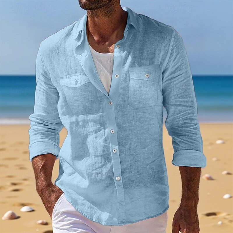 Per uomo Camicia Camicia di lino Camicia Estiva Abbigliamento da spiaggia Camicia con Bottoni Camicia cargo Tinta unica Vacanza Ferie Bianco Blu Verde Cachi Manica Lunga Bavero Estate Abbigliamento del 2026 a $26.99 –P7