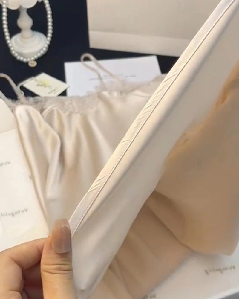 Damskie Piżama Koszula nocna Moda Codzienny Miękkie Czyste kolory Satynowa jedwabna piżama Koronka Niejednolita całość Dom Urlop Łóżko Bez rękawów Paski Beżowy Lato 2026 - $28.99 –P6