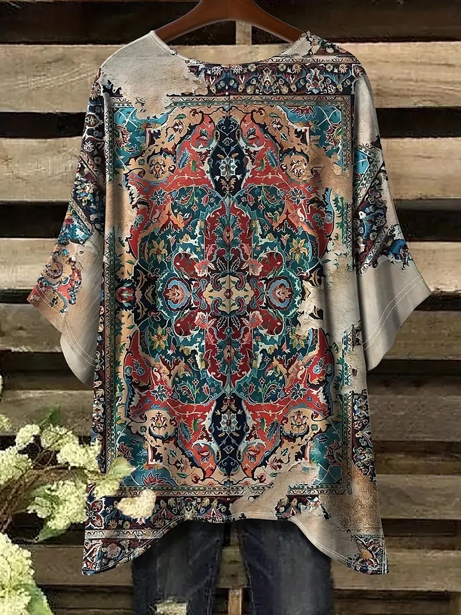 Жен. Блуза Ассиметричный Графика Геометрический принт Винтаж Повседневные На каждый день Рукав до локтя Летучая мышь Вырез под горло Обычные топы Повседневные Праздники Одежда для пляжа 2026 - $26.99 –P14