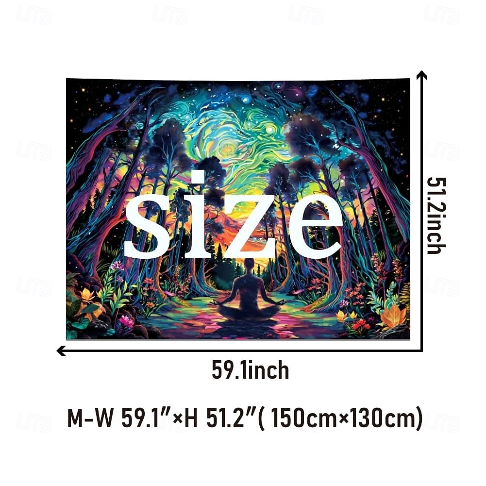 Schwarzlicht-Wandteppich mit psychedelischem Wald und Meditation, UV-reaktiv, kosmische Galaxie, Sternenhimmel, Wandkunst, Wandteppich, trippiges Yoga, spirituelles Chakra, Wandbehang, Wandteppiche 2026 - $17.99 –P6
