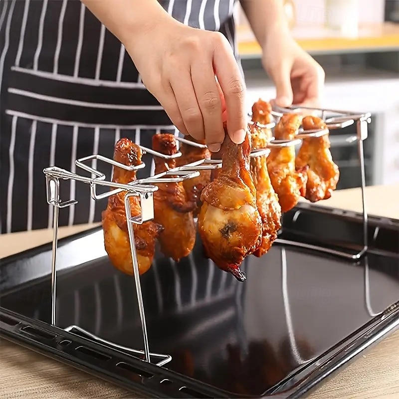 Rozsdamentes acél csirkecomb- és szárnytartó, összecsukható függőleges sütőtartó grillezéshez, füstöléshez, sütőhöz, ideális piknikezéshez és kempingezéshez, könnyen tárolható konyhai kiegészítő 2025 - $14.99 –P5