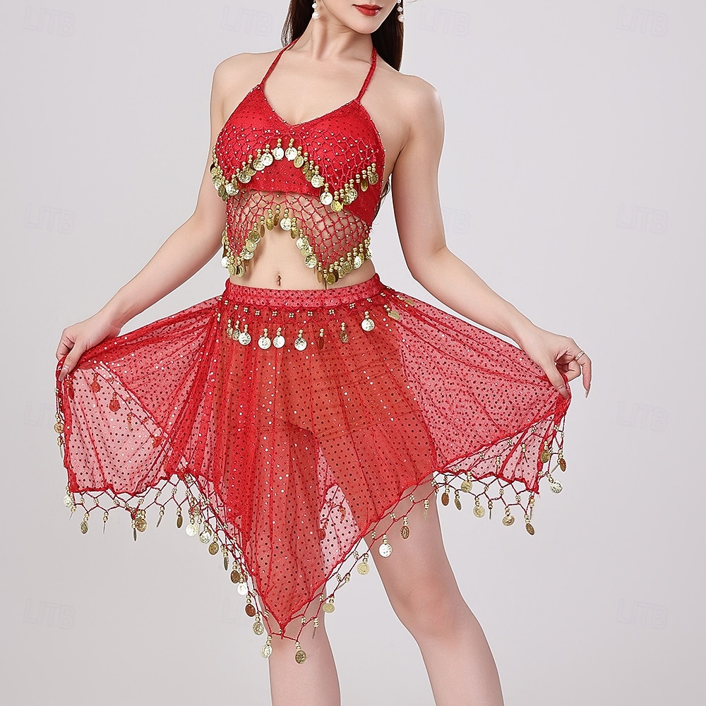 Danse du Ventre Jupes Jeton en cuivre Couleur unie Épissage Femmes Performance Entraînement Sans manches Haut Polyester de 2025 ? $37.99 –P8