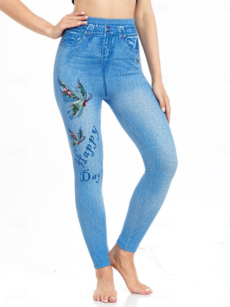 Dames Leggings Verontruste spijkerbroek Vakantie Vintage Casual Volledige lengte Hoge taille Bloemig Vlinder Elastische tailleband Opdrukken Zacht Comfortabel Rekbaar Buiten Straat blauw Luchtblauw 2026 - $24.99 –P15