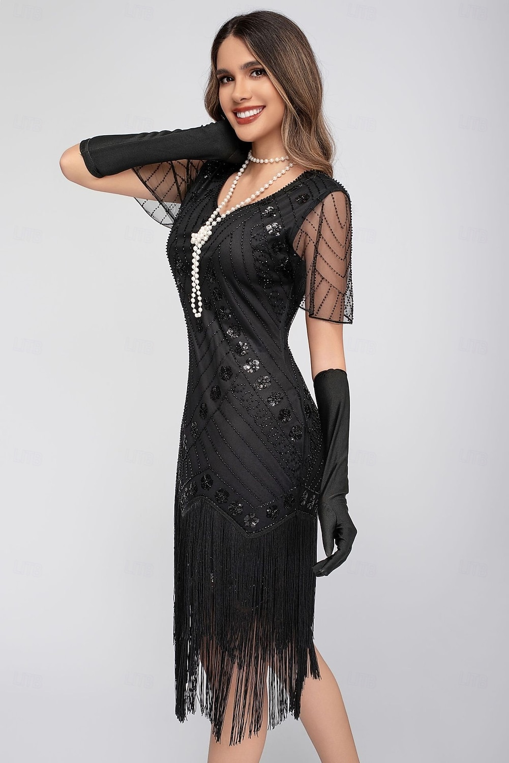 Rugido 20s 1920s Hasta la Rodilla Vestido Flapper Mangas cortas El gran Gatsby Chica de la aleta Lentejuelas Franja Funda Columna Escote en Pico Disfraz Mujer Navidad Carnaval Fiesta de Noche Boda 2026 - $46.99 –P3