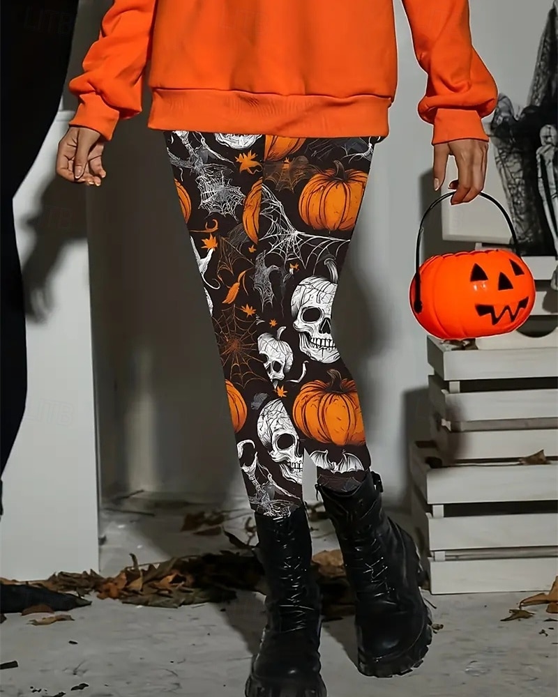 Dame Bukser Leggings Koselige leggings Gatemote Fritid Full lengde Høy MidjePantsHalloween Hodeskaller Gresskar Elastisk midje Trykt mønster Pusteevne Bekvem Elastisk Feriereise Gate Dagligdagstøy 2025 - $23.99 –P2
