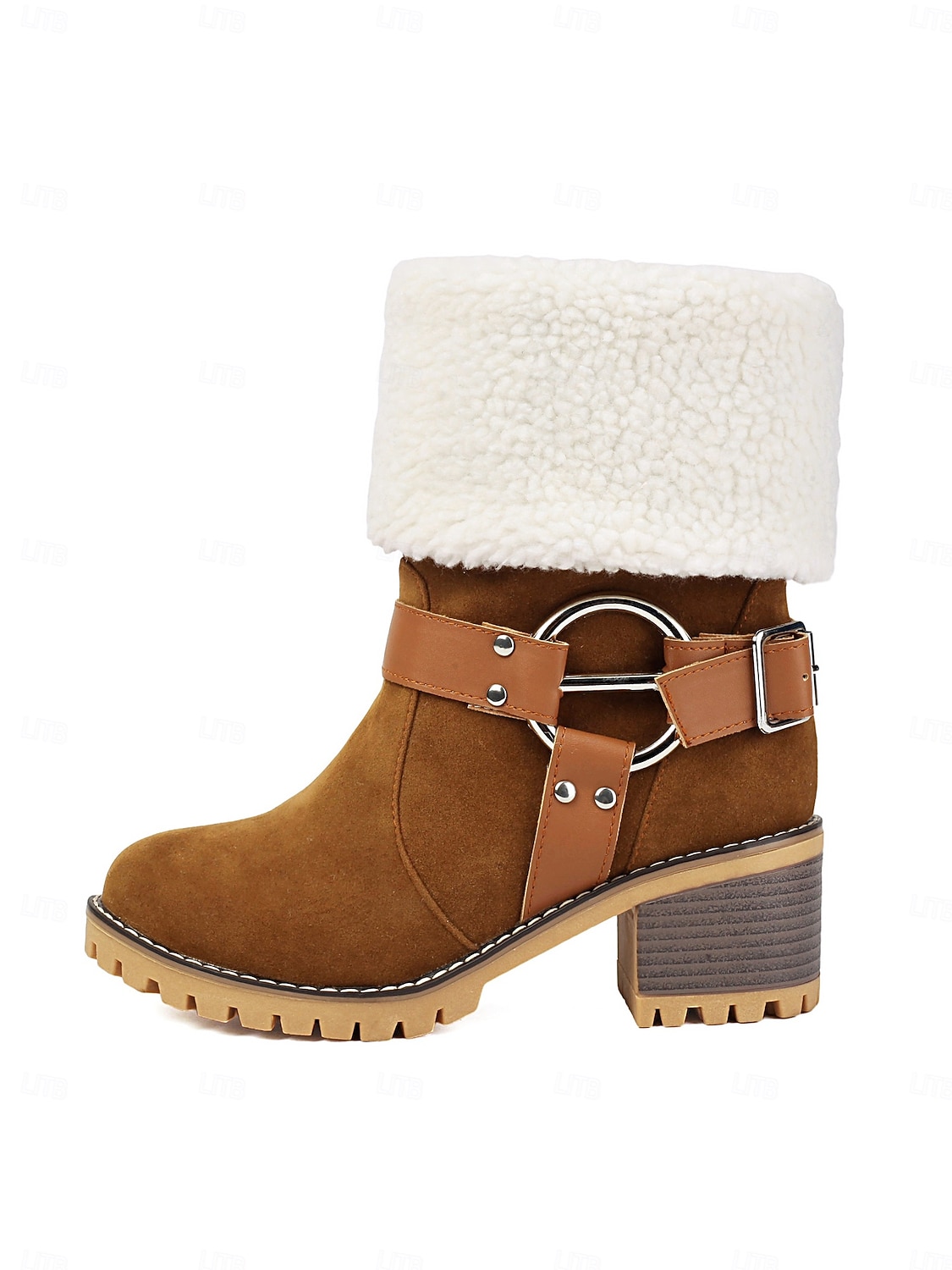 Botas femininas de camurça sintética com punho e fivela de pele de carneiro – botas casuais de inverno com salto grosso para atividades ao ar livre, viagens e looks aconchegantes de 2025 por $59.99 –P2