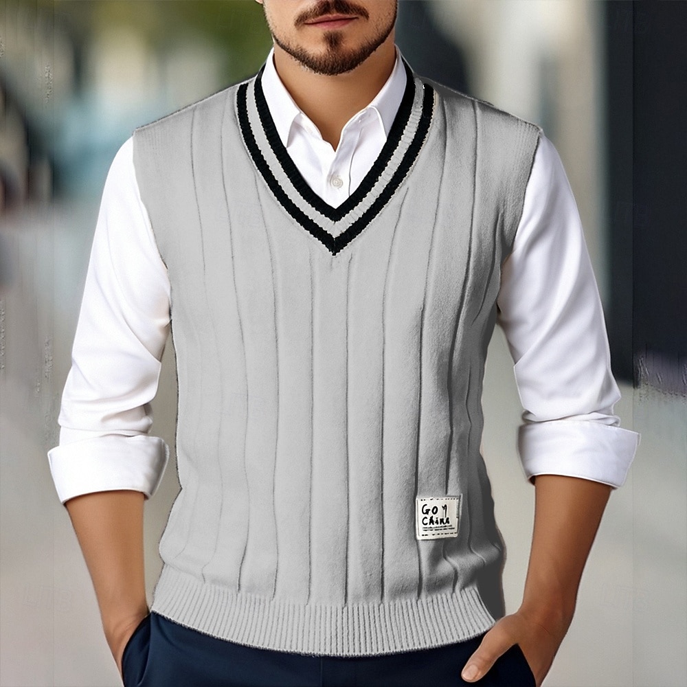 Pánské Svetrová vesta Šaty svetr Pulovrový svetr Vesta Pletený svetr Rýhovaný Kabel Plést Běžné topy Pletený Bez vzoru Do V Módní Na běžné nošení Dovolená Denní nošení Oblečení Podzim Zima Černá Bílá 2025 - $39.99 –P5
