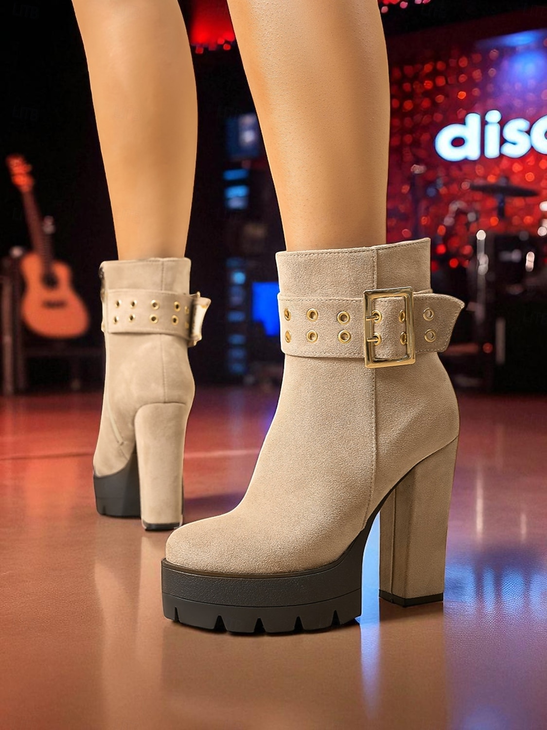 bota feminina plataforma de camurça preta com salto grosso e fivela dourada &fecho de zíper - festa ousada &calçados de concerto para looks de outono e inverno de 2025 por $59.99 –P3