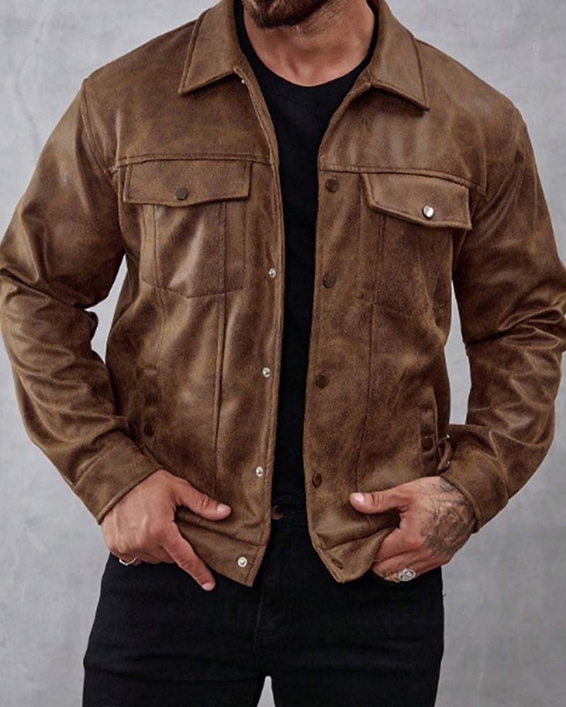 Per uomo Giacca in Ecopelle Giacca in finta pelle scamosciata Vacanza Quotidiano Antivento Caldo Tasca Autunno Inverno Semplice Moda Classico Bavero Regolare Marrone Giacca del 2025 a $39.99 –P2
