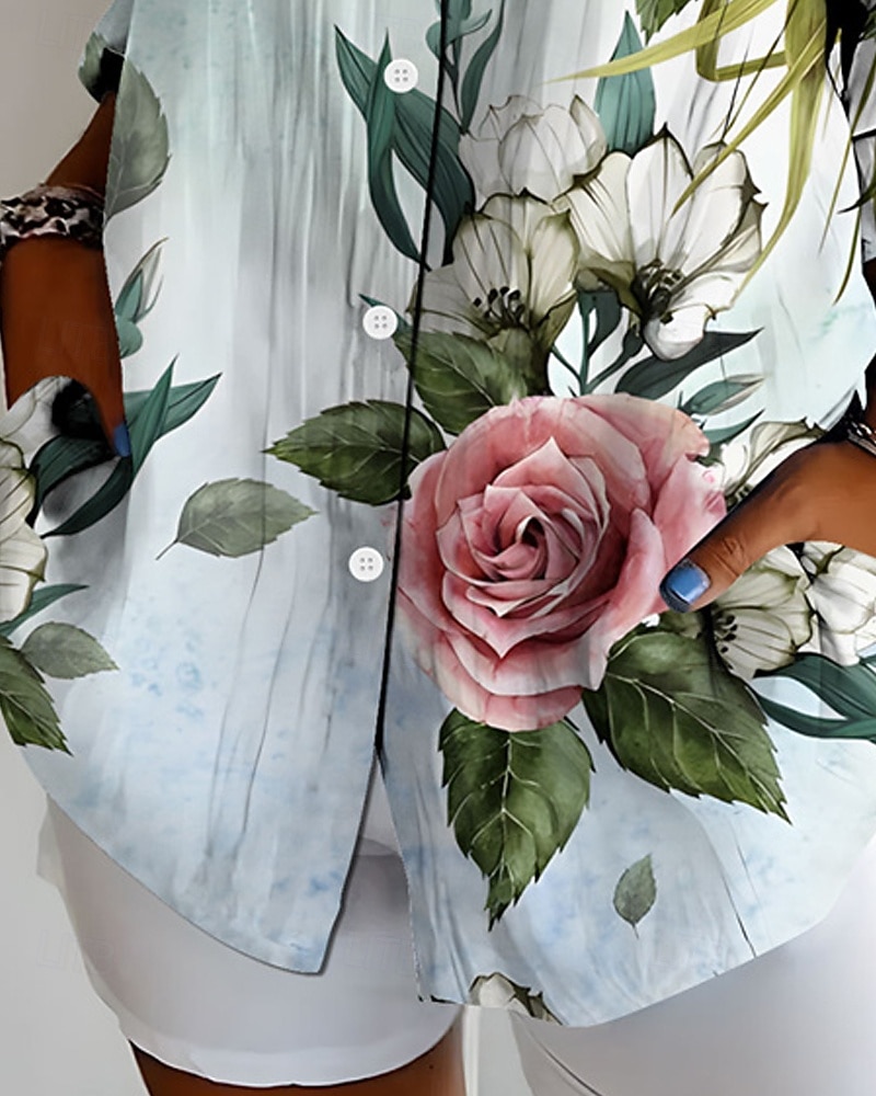 Per donna Camicia Bottoni Stampato Floreale Attivo Quotidiano Elegante Manica Lunga Colletto a Camicia Top Regolari Quotidiano Ferie Azzurro Primavera Autunno del 2026 a $32.99 –P3