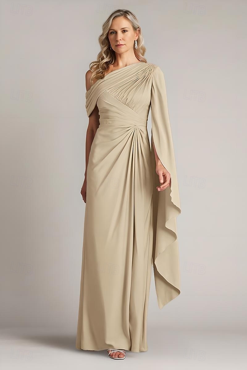 Vestido de noite elegante com bainha/coluna, sobreposição de capa, comprimento até o chão, sem mangas, um ombro só, cetim com pregas e babados, 2025 de 2025 por $155.99 –P1