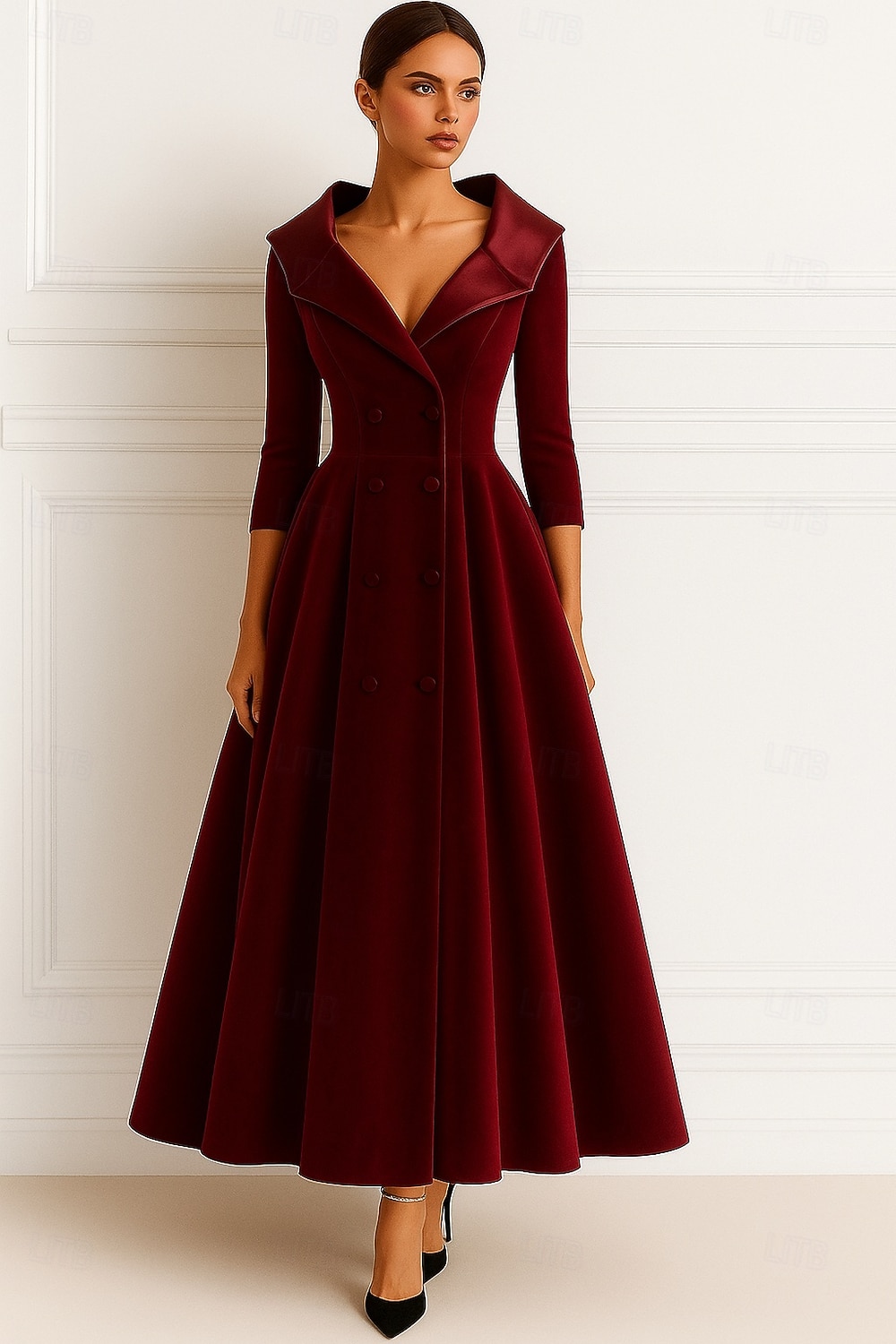 A-lijn Tot de grond Feestjurk Cocktail jurk Bruiloft gast jurk Moeder van de bruid jurk Lange mouw Overhemdkraag Elegant Vintage Formeel Satijn Fluweel met Ruches Effen kleur 2026 - $183.99 –P1