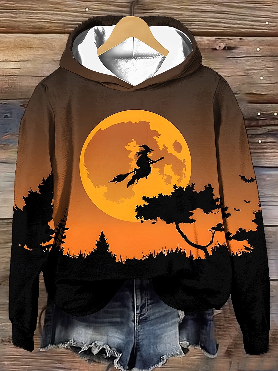 Halloween dámská mikina s kapucí pulovr oversize dlouhý rukáv běžný grafický čarodějnice módní potisk kapucí běžné svrchní kusy pouliční každodenní nošení stahovací potisk černá bílá fialová oranžová 2025 - $24.99 –P1