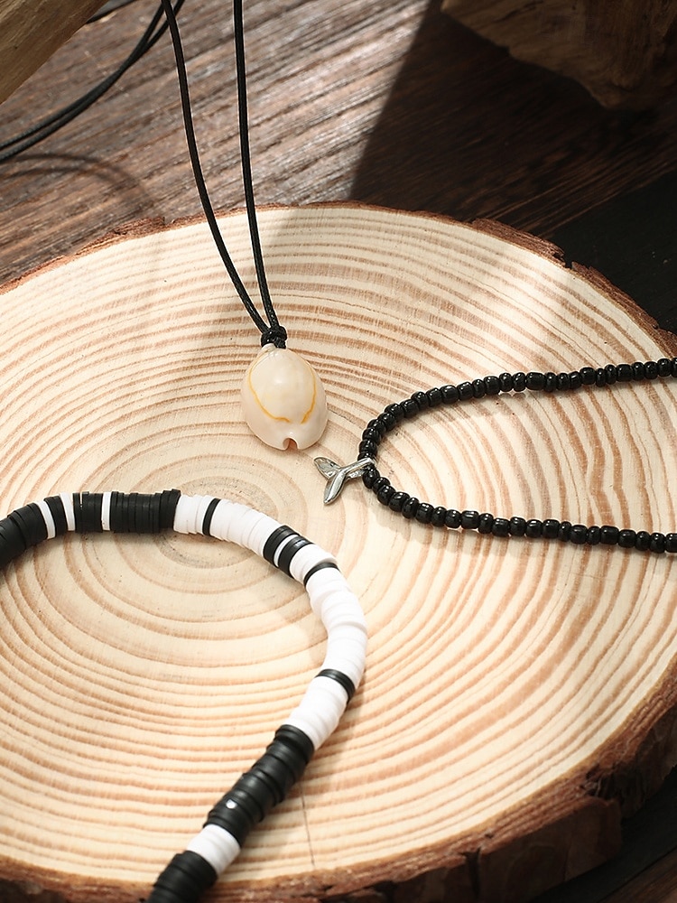 Мужской комплект из 3-х пляжных ожерелий: черные и белые бусины из смолы, подвеска из ракушек и цепочка из вощеной веревки — украшения в стиле серфера для лета, фестивалей и повседневных образов. 2026 - $11.99 –P5