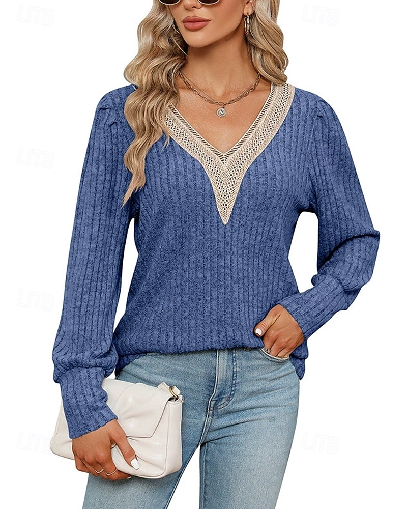 Naisten Neulos Pusero Päivittäin Tyylikäs Vapaa-aika Väripalikka Joustin V kaula-aukko Kudottu Pitsinauhat Pitkähihainen Tavalliset topit Neuloa Päivittäin Pyhäpäivä Bile Viininpunainen Musta Syksy 2026 - $27.99 –P11