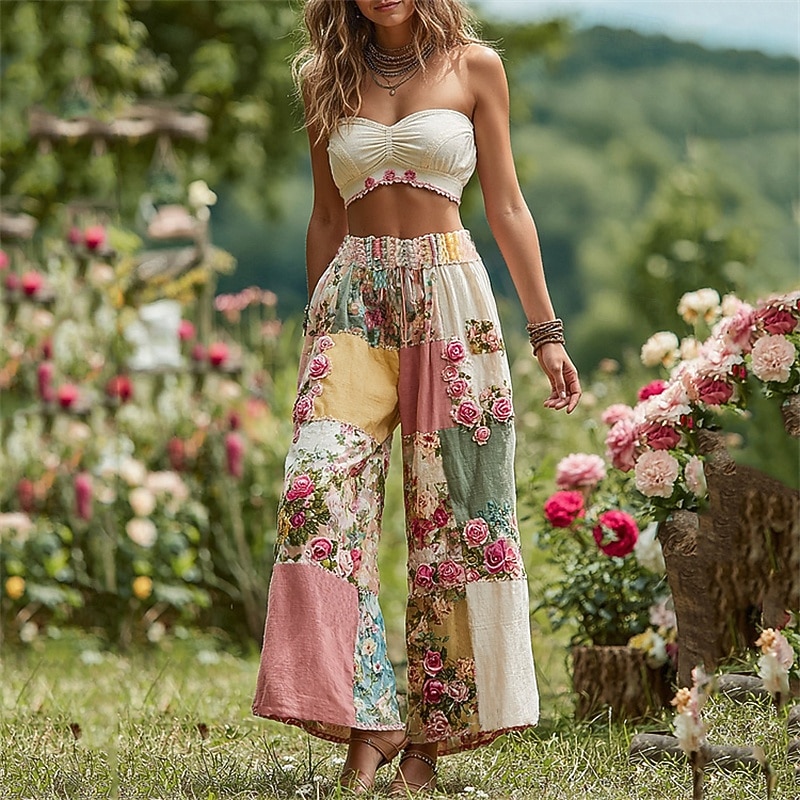 Mulheres Perna larga Calças Calça Palazzo Vintage Boho Comprimento total Cintura Alta Bloco de cor Flor Cintura elástica Estampado Respirabilidade Confortável Rua Roupa Diária Para Noite Rosa de 2025 por $20.99 –P1