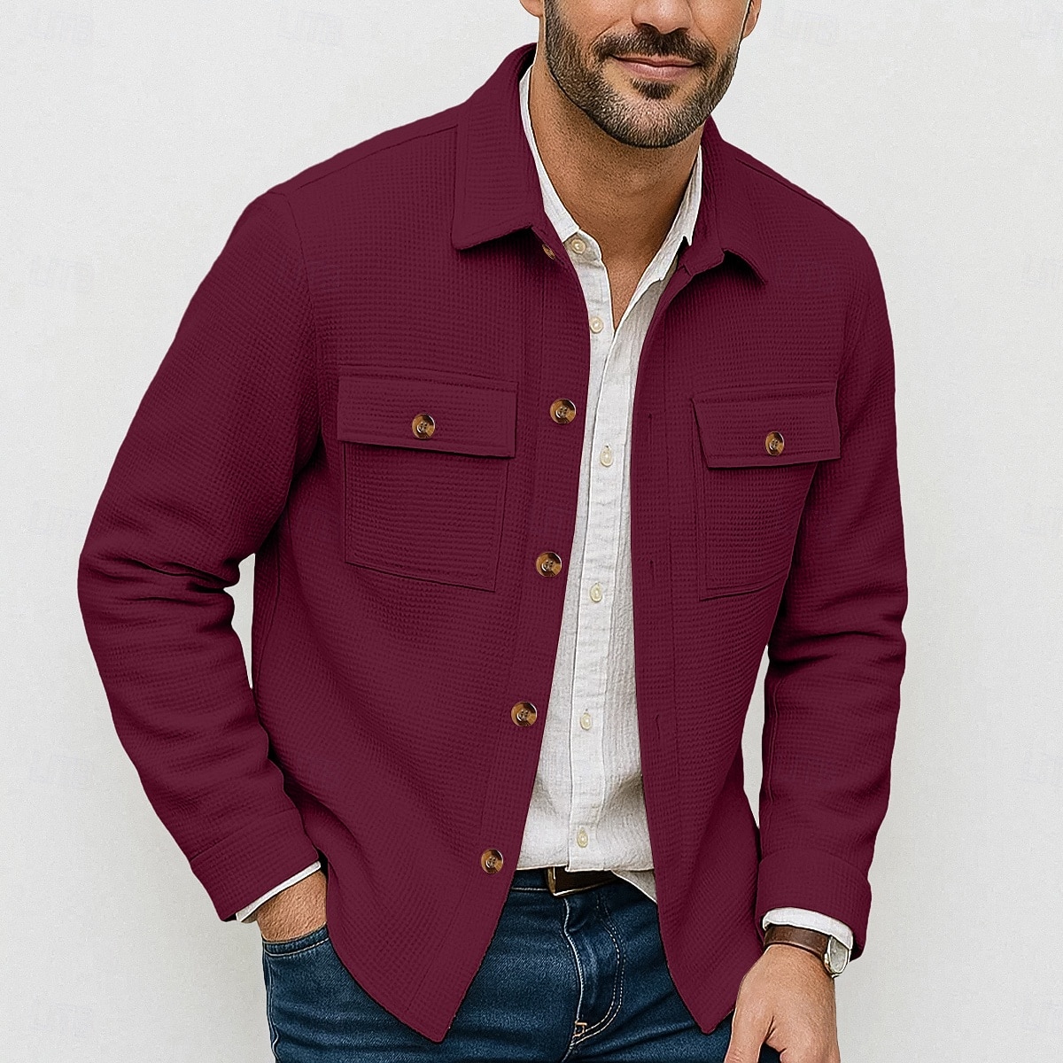 Herren Leichte Jacke Waffeljacke Hemdjacke Freizeitjacke Urlaub Lässig Atmungsaktiv Tasche Button-Down Frühling Herbst Einfach Mode Klassisch Revers Regulär Schwarz Weiß Wein Dunkelgrün Khaki Jacken 2025 - $26.99 –P1