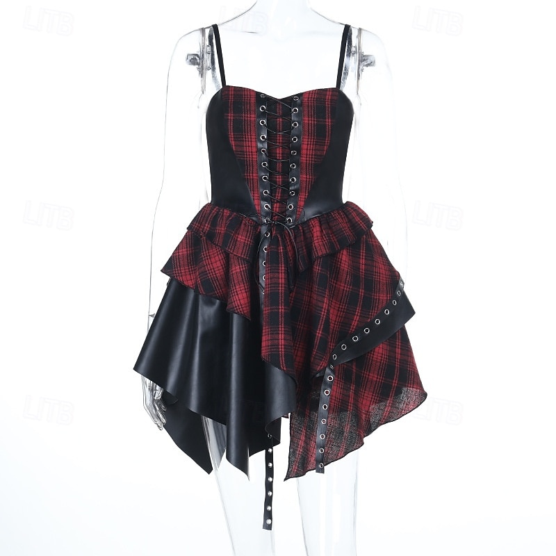 Punk a gotika Mini Asymetrické Šaty Bez rukávů Gotická dívka Popruh na špagety Korzet Pléd Rozevláté Maškarní kostým Unisex předvečer Všech svatých Karneval Párty Ležérní Noc a speciální příležitost 2025 - $39.99 –P4
