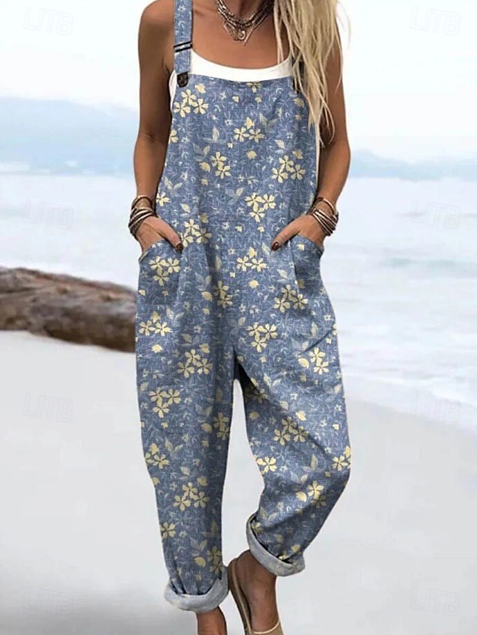 Per donna Salopette Attivo Floreale Senza Maniche Harem Coulisse con tasca Quotidiano Spiaggia Vestibilità comoda Blu Nero Bianco Estate del 2026 a $45.99 –P6