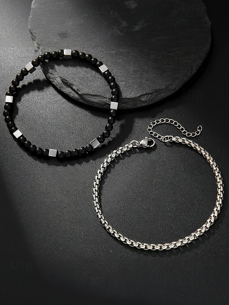 مجموعة أساور رجالية من الخرز الفيروزي والسلسلة الفضية - مجوهرات قابلة للتعديل على طراز شاطئ بوهو للملابس غير الرسمية والصيفية وملابس العطلات 2025 - $7.99 –P7