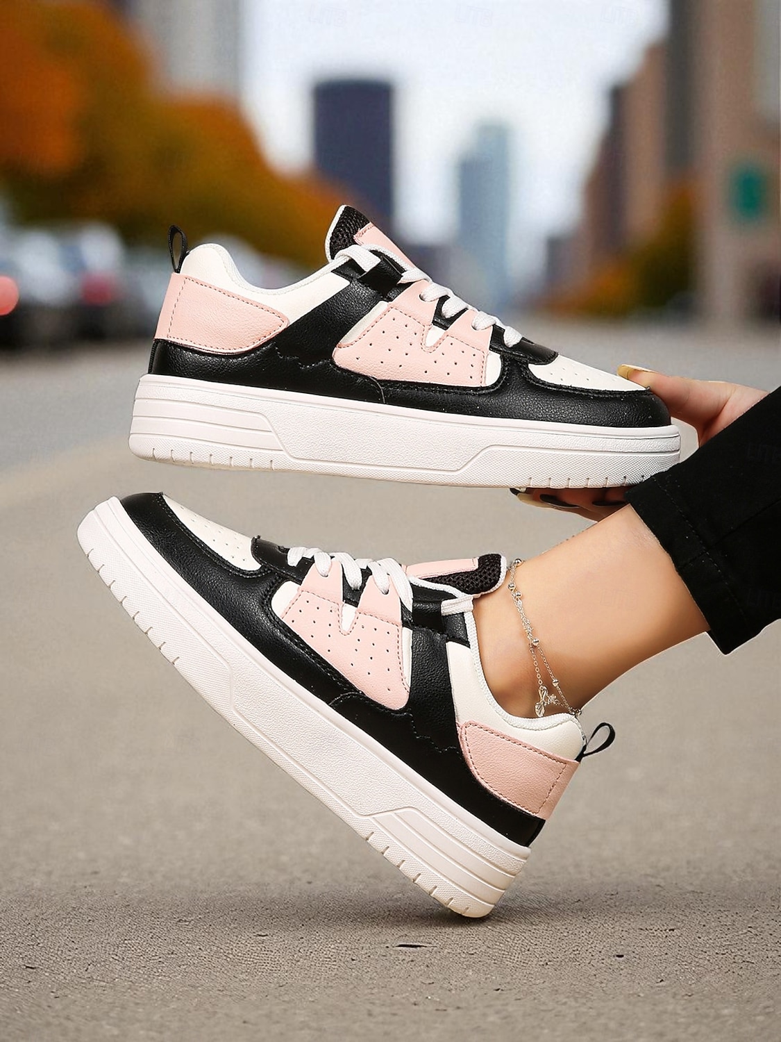 Women's Pink and Black Colorblock Lace-Up Sneakers - Comfortable Faux Leather Platform Walking Shoes for Casual Outfits, Street Style and Autumn Travel 2026 - SGD S$41.7 –P8